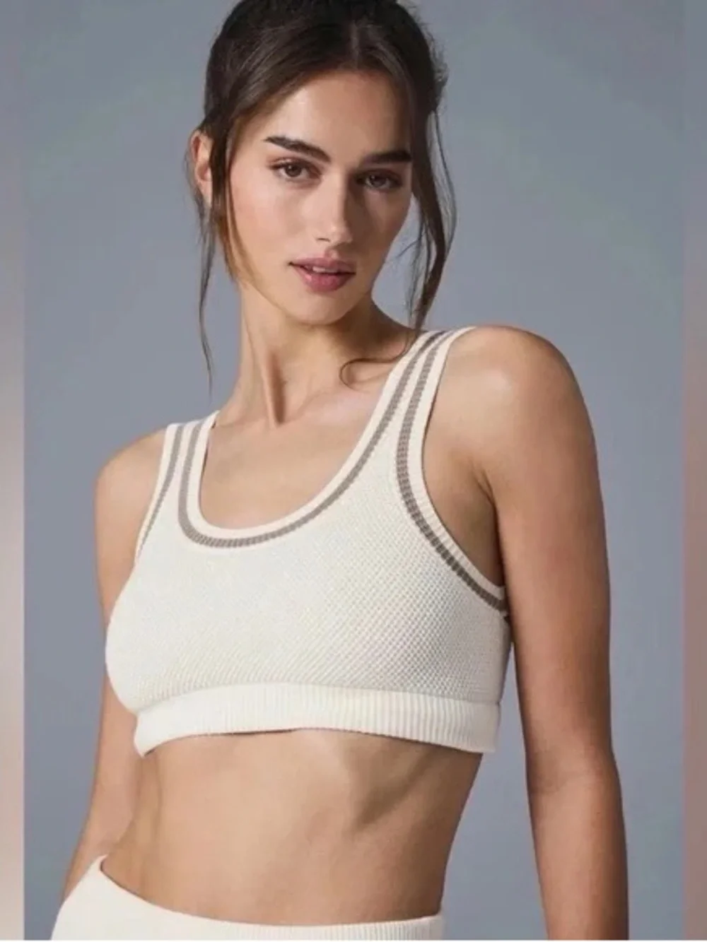ALO Yoga Cream Ribbed Cropped Tank with Taupe Stripe Trim